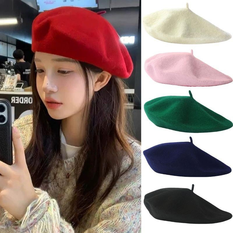 Women Girls Warm Wool Berets Hat Solid Color Retro Plain Cap All Matched Elegant French Artist Hat Lady Women Wool Berets