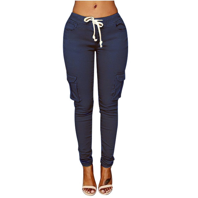 Women Slim Fit Pencil Pants Multi Pocket Drawstring Tie Waist Casual Trousers with Belt