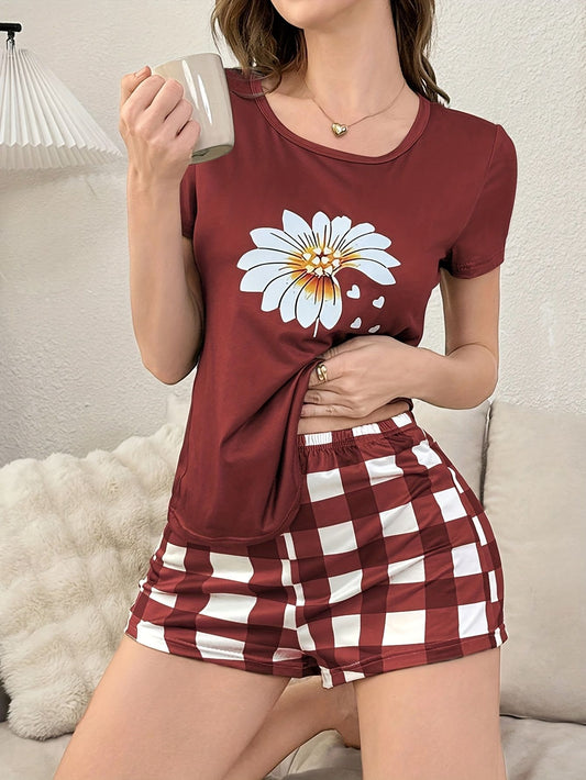 2-Piece Set of Women's Pajamas for All Seasons, Spring and Summer, Elegant Floral Print Shorts and Short-Sleeved Pajamas Set