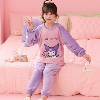 Sanrio Kawaii Kuromi Cinnamoroll Kids Winter Pajamas Set Children's Sleepwear Warm Flannel Homewear for Girls Anime-Inspired