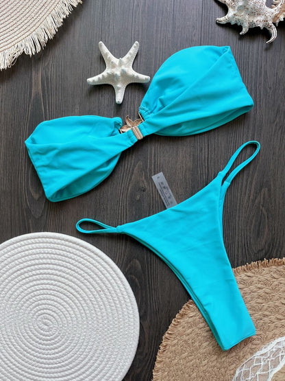 Para Praia 2025 Sexy Push Up Bikini Women Swimwear Metal Starfish Bandeau Thong Bikini Brazilian Swimsuit Female Bathing Suit