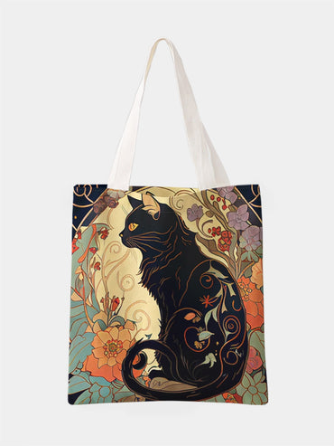 Black cat pattern printed casual handbag, reusable fashionable backpack, multifunctional handbag, canvas shopping bag