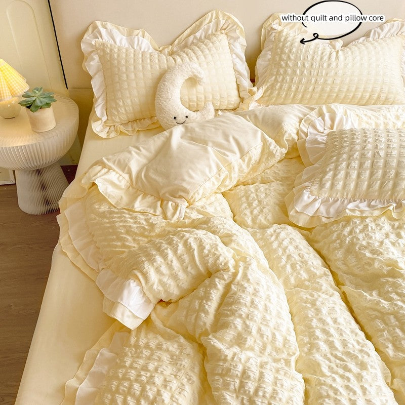 Conjunto de cama de renda coreana 3 peças de seersucker (1*Capa de Edredom + 2*Fronhas, Sem Enchimento) para quarto de hóspedes
