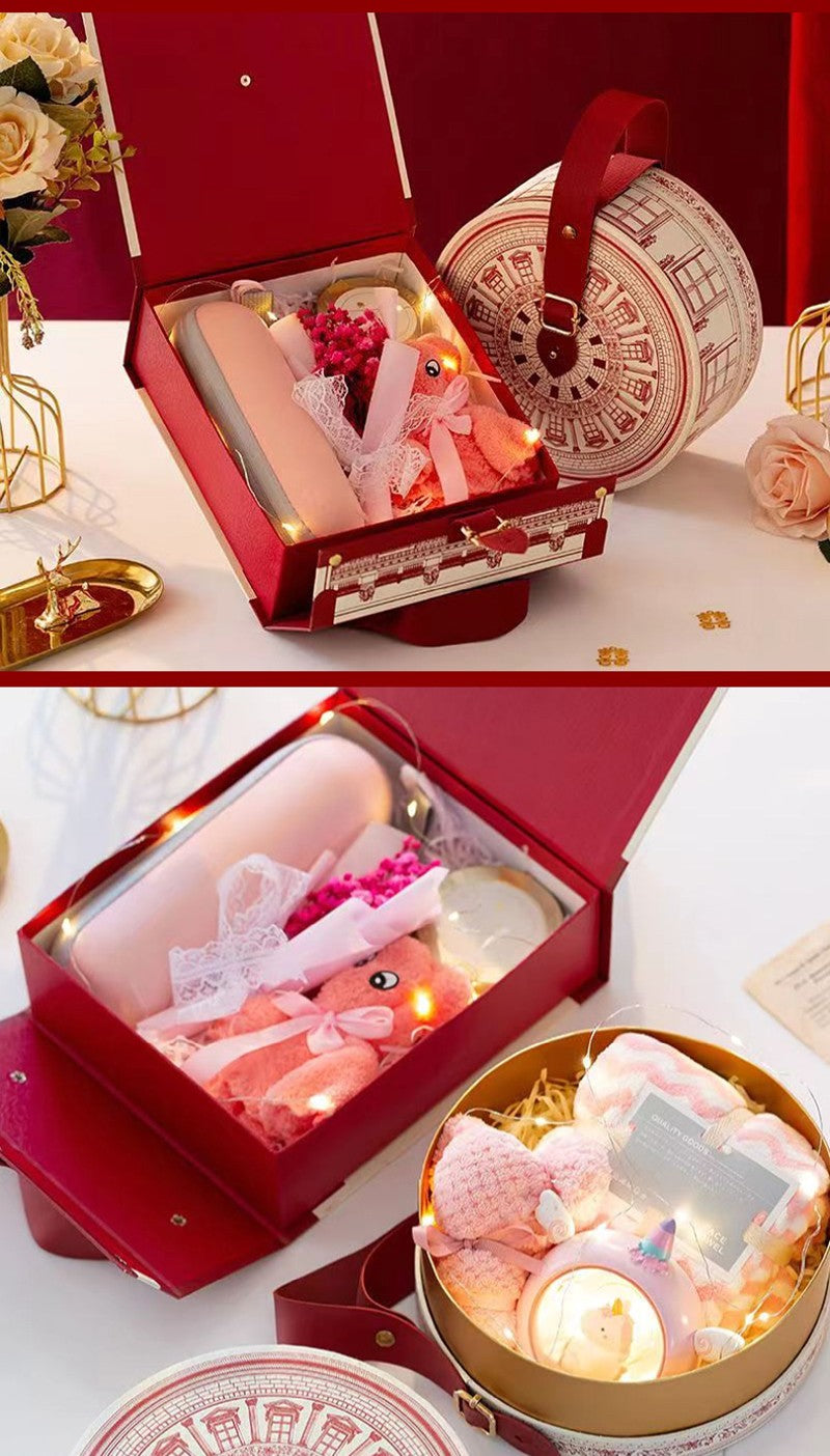Round Paper Gift Box Leather Carry Hands Portable Wedding Candy Cake Chocolate Favors Bag Birthday Party New Year Decor Supplies