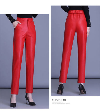 2023 Spring Autumn Sheepskin Pants Women High-waist Straight Pants Slim Lady Genuine Leather Casual Trousers Ankle-Length Pants