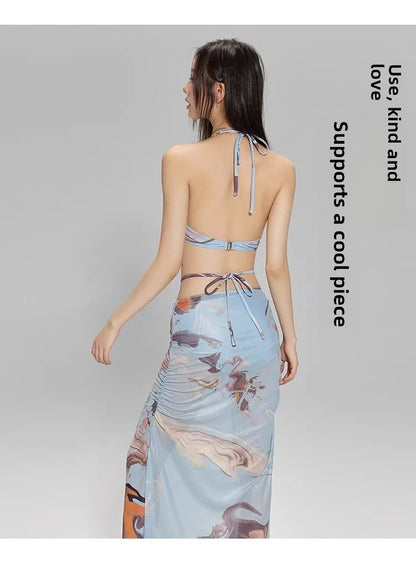 2024 New Three-Piece Bikini Set Beach Vacation Hot Spring Trip Slimming Long Skirt Separate Swimsuit Meat Concealing Photography