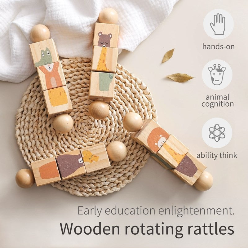 1pc Baby Wooden Rotating Rattle Animal Matching Newborn Soothing Toy Rotate Blocks Rotating Puzzle Montessori Toys for Babys