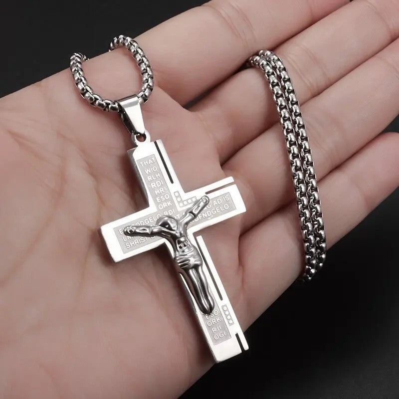 Colar Masculino Crucifixo Jesus Cristo Banhado a Ouro Pingente Cruz Religioso com Corrente Joias