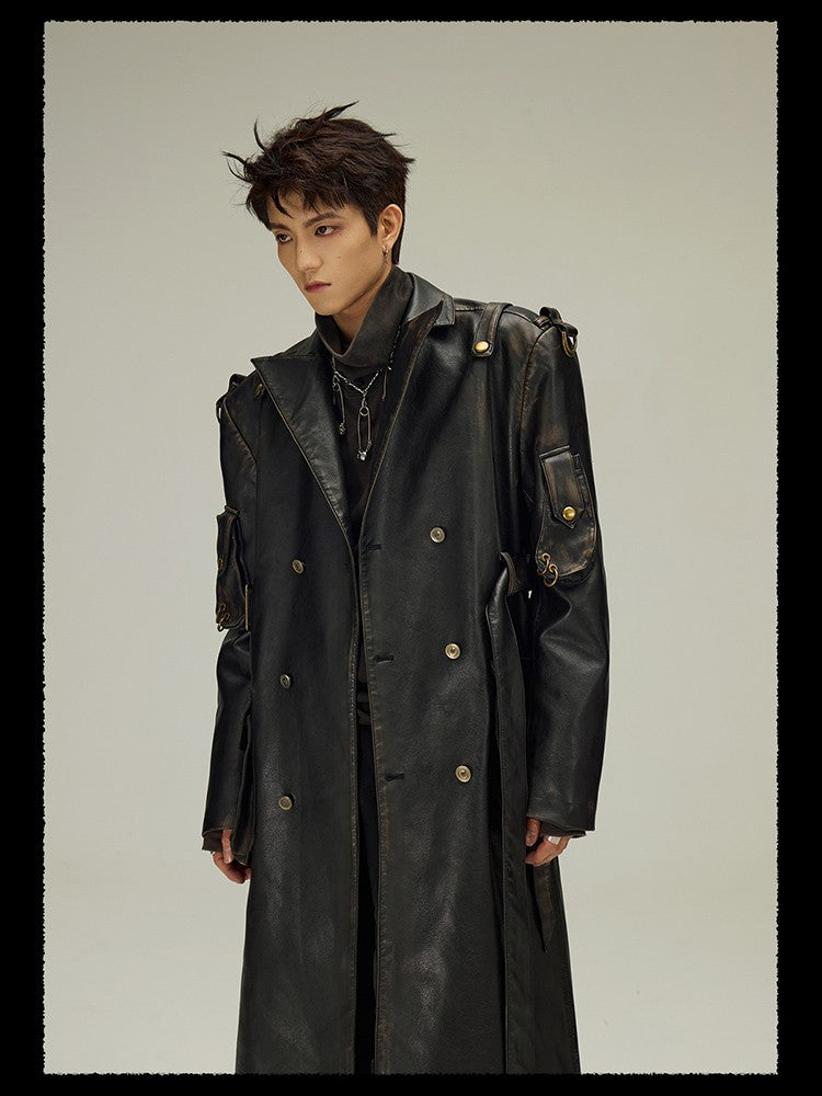 Mauroicardi Spring Autumn Long  Distressed Black Pu Leather Trench Coat Men Belt Double Breasted Luxury European Fashion 2023