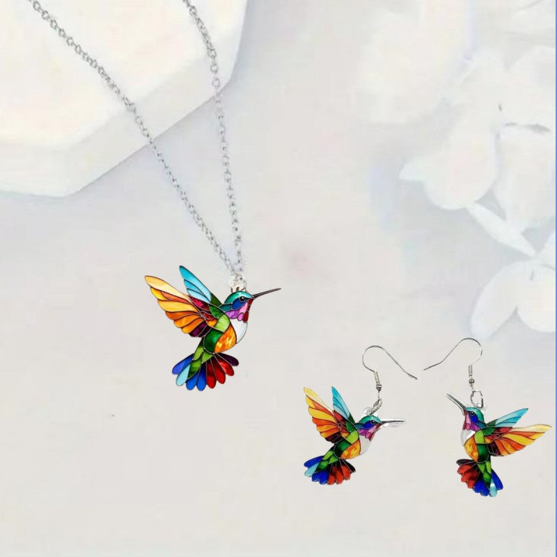 1 set of elegant and stylish acrylic colorful honey-sucking bird necklace earrings set with multi-color wing design, suitable fo