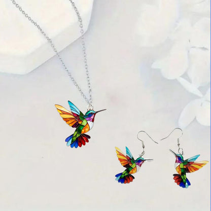 1 set of elegant and stylish acrylic colorful honey-sucking bird necklace earrings set with multi-color wing design, suitable fo