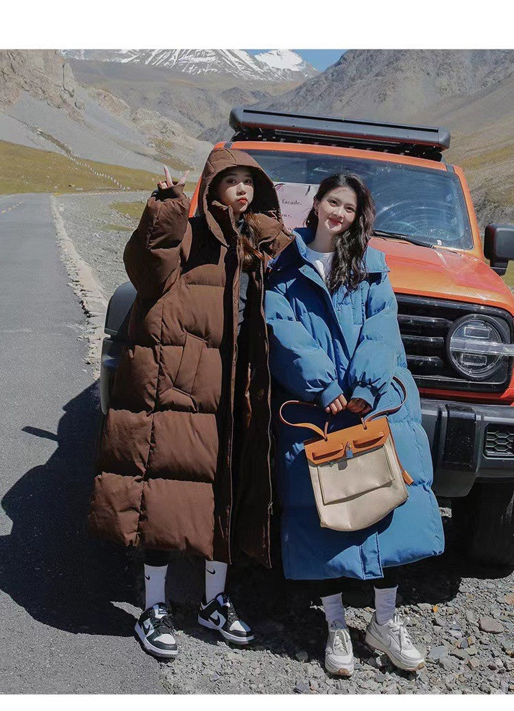 Long Thickened Down Cotton Bread Style Coat Women's Winter 2025 Outerwear Korean Loose Long Knee Length Solid Hooded Jacket