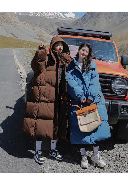 Long Thickened Down Cotton Bread Style Coat Women's Winter 2025 Outerwear Korean Loose Long Knee Length Solid Hooded Jacket