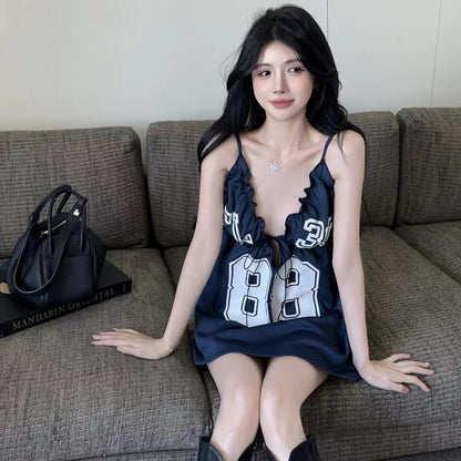 Sexy hot girl style deep V-neck dress for women with autumn letter printing casual a-line skirt backless short skirt