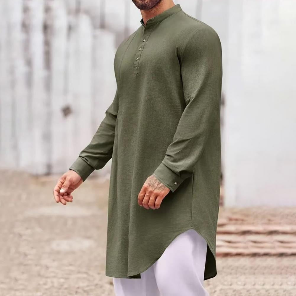 Men's Cotton Linen Kaftan Robe – Long Sleeve Button-Up Thobe for Prayer, Casual & Arabic Style | Breathable & Comfortable