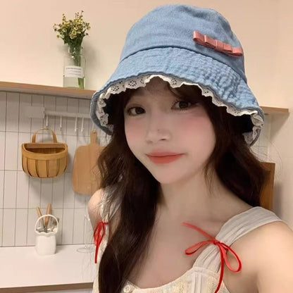 Retro Big Brimmed Denim Bucket Hat Bow Tie Y2K Lace Fisherman Hat Korean Style UV Protection Bow Sunscreen Hat Outdoor