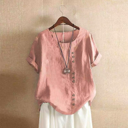 New Summer Women's Plus Size Shirt O-neck Cotton and Linen Loose Casual Ethnic Style Elegant Casual White Pink Top for Women