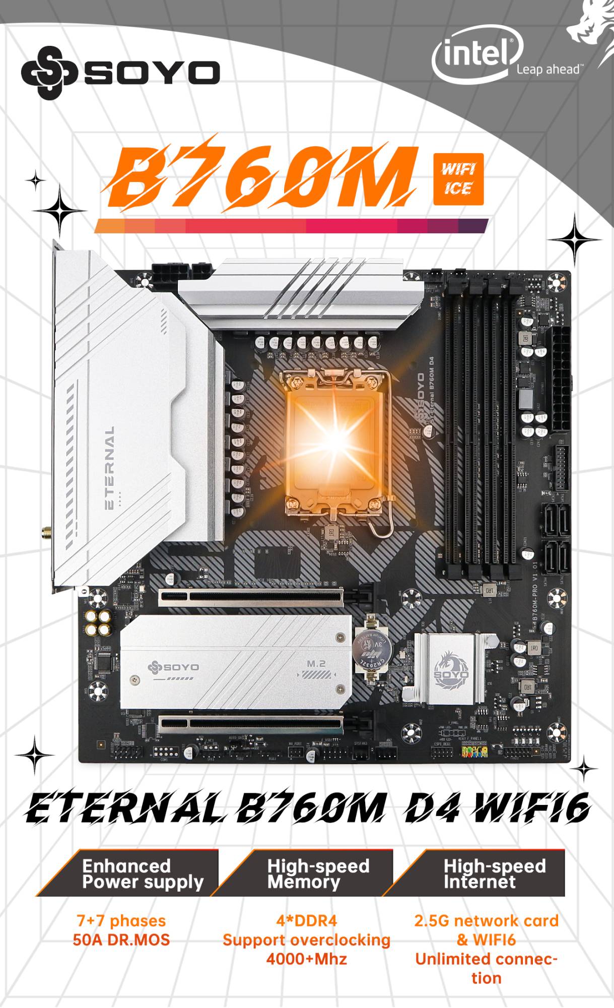 SOYO B760M D4 WiFi DDR4 LGA 1700 Intel B760 M-ATX Motherboard 2* M.2 PCIe 4.0 Type-C WiFi6 ARGB USB3.2 For 12/13/14th processor