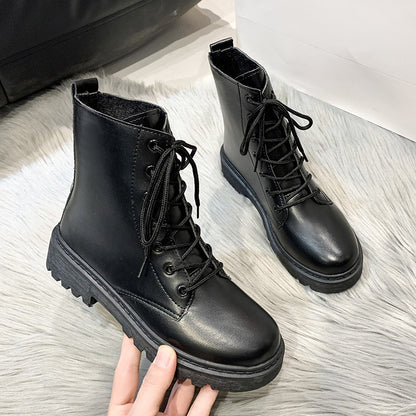 New Style Round Toe Square Heel Cross Strap Fashionable Women's Shoes Casual and Comfortable Plus Velvet Warm Short Boots