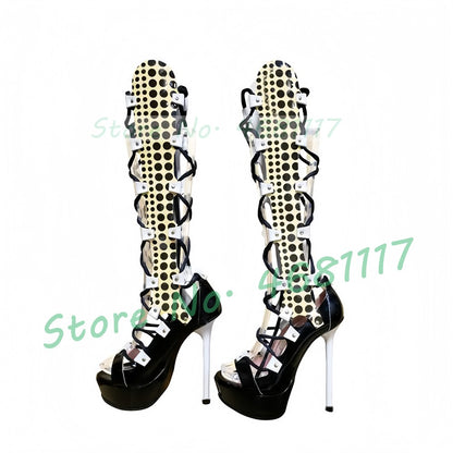 Strappy Polka Dot Platform Sandal Boots Women Sexy Party Cross Tied Mixed Colors Shoes Open Toe Women Summer Knee High Sandals