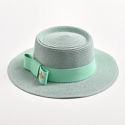 Novos Chapéus de Palha Primavera Verão Femininos de Superfície Ondulada, Topo Reto, Laço, Boné de Vestido, Chapéu de Sol para Viagem e Praia, Gorra