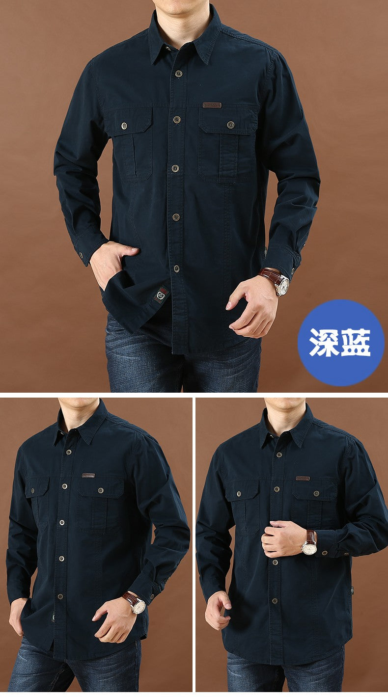 Men Loose Long-sleeved Shirt. New Solid Color Shirt for Middle-aged and Young People in Europe and America in Spring and Autumn