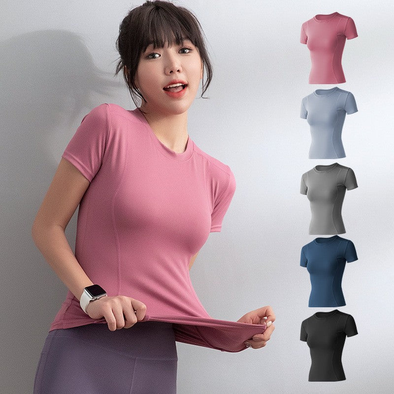 2024 Women's Sports Fitness Clothing Slim Running Sweat Absorbing Skinny Yoga Clothes Quick Drying Clothes Short Sleeved T-shirt