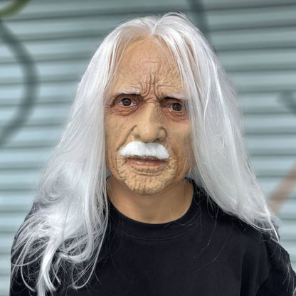 Realistic Old Man Latex Mask with Long White Hair & Mustache – Full Head Cosplay Helmet for Halloween Costume Party Props