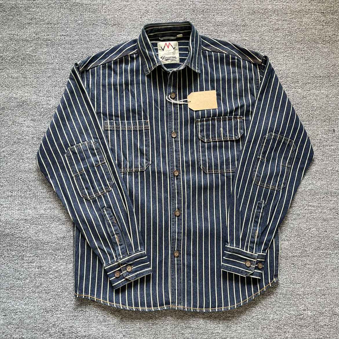 Spring New American Retro Heavyweight Denim Cargo Striped Shirt Men's Simple 100% Cotton Washed Old Casual Blouses Thin Jacket