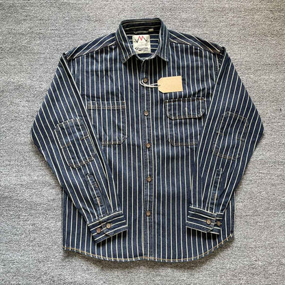 Spring New American Retro Heavyweight Denim Cargo Striped Shirt Men's Simple 100% Cotton Washed Old Casual Blouses Thin Jacket