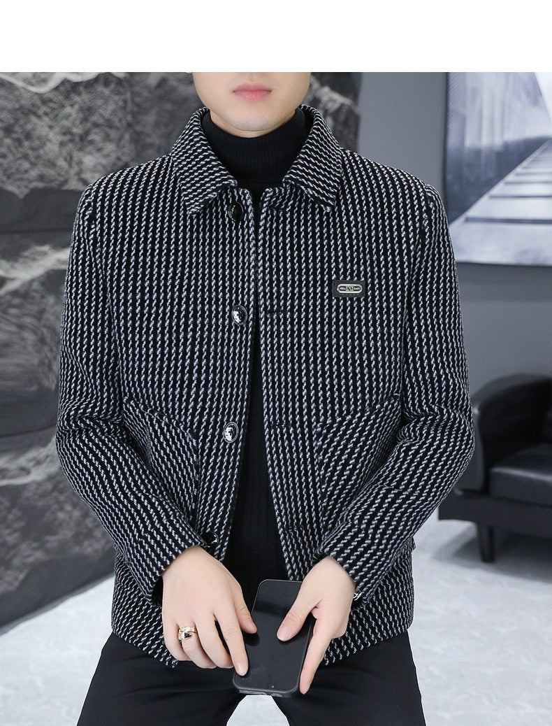 Korean Fashion Woolen Jacket for Men 2023 Winter Plaid Casual Business Trench Coat Slim Social Office Street Wear Short Overcoat