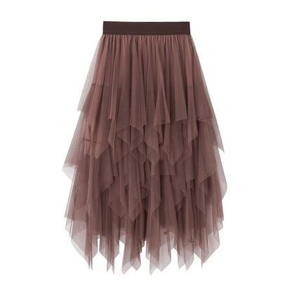New Fairycore Lady ´s Fashionable Sexy Solid Color Mesh Skirt, Irregular Elastic Tulle Bubble Skirt, Daily Life and Vacation