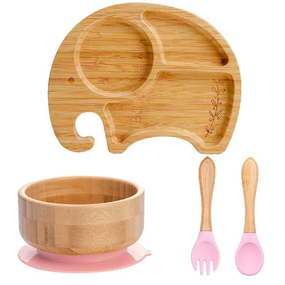 4pcs Bamboo Plate Sets Baby Feeding Bowl Wooden Kids Feeding Supplies Spoon Fork for Baby Tableware Suction Plate Bowl Cup