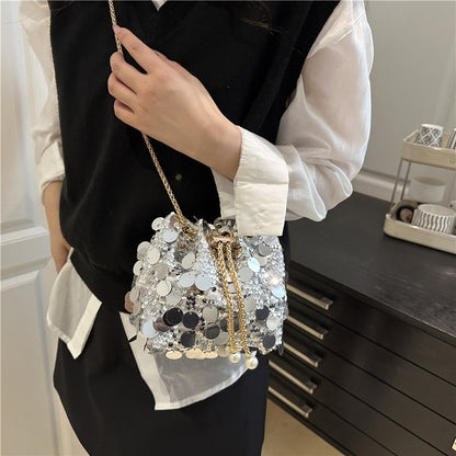 Sequin Chain Women's Portable Bucket Shoulder Bags Retro Ladies Dinner Party Clutch Purse Luxury Design Female Crossbody Bag