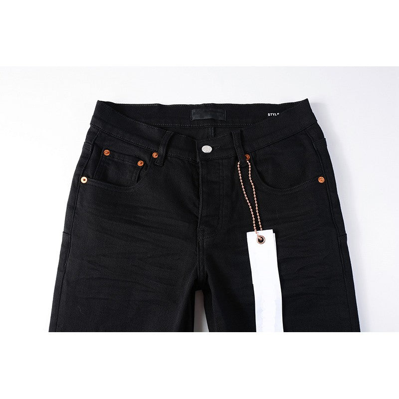 The Best Seller American High Street Men's Distressed Blank Black Stretch Skinny Button Fly Ripped Jeans Pants
