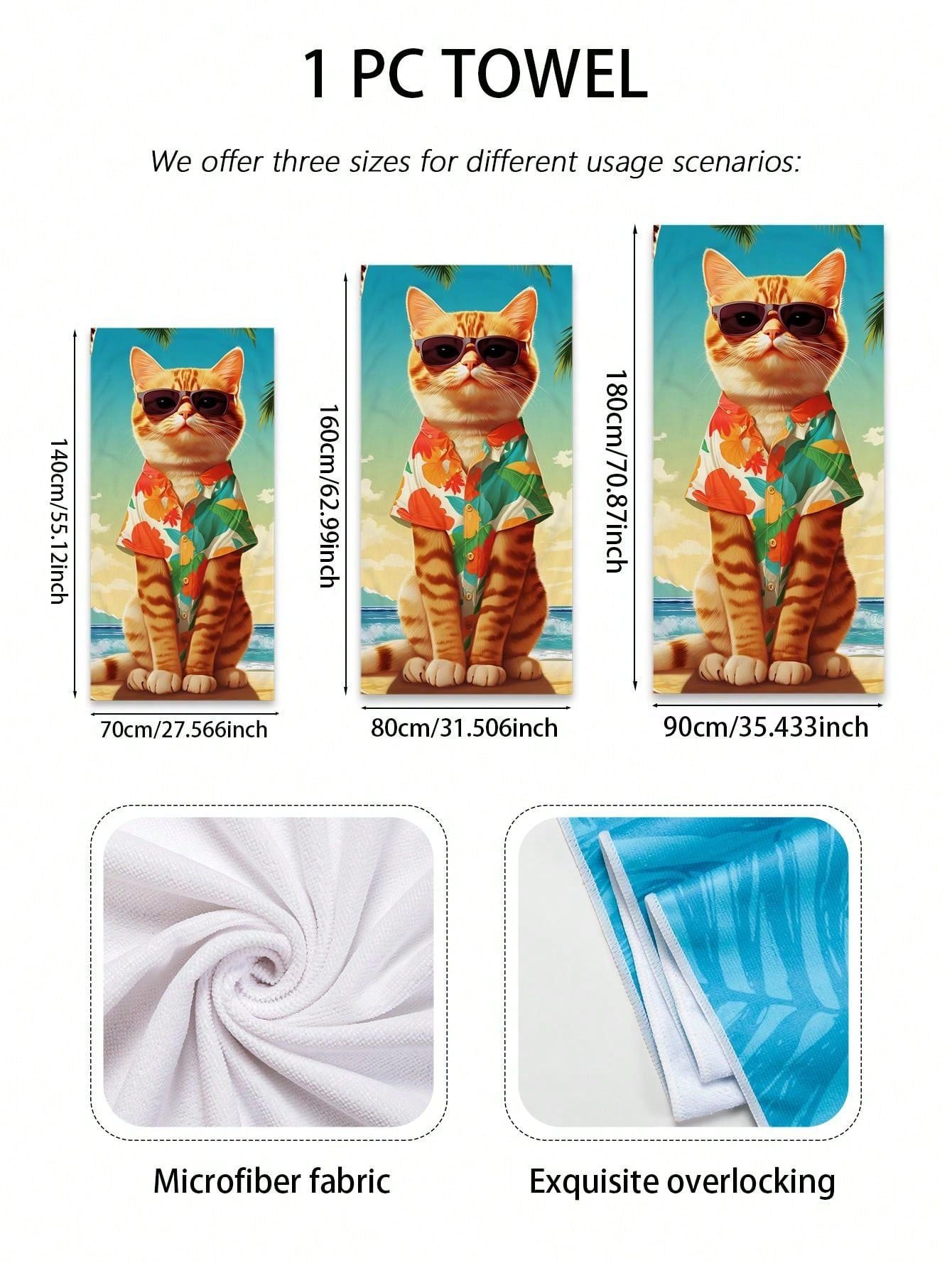 1pc Animal Cat Pattern Printed Superfine Fiber Quick Drying Beach Towel For Swimming, Bath, Outdoor Travel