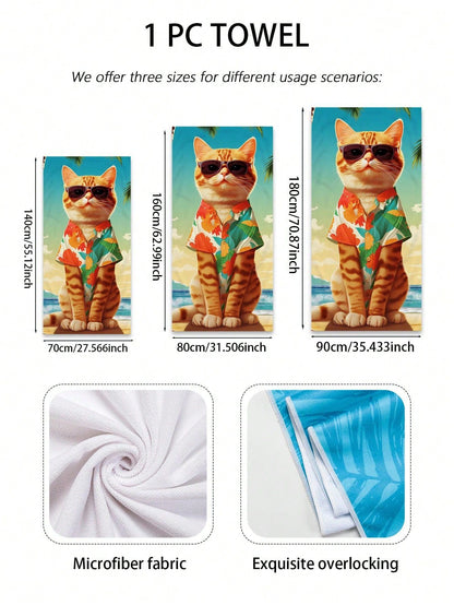 1pc Animal Cat Pattern Printed Superfine Fiber Quick Drying Beach Towel For Swimming, Bath, Outdoor Travel
