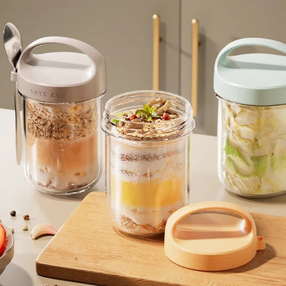 Copo de Aveia Noturna com Tampa e Colher 430ML - Vidro, Selável, Portátil, para Café da Manhã, Cereal, Leite, Salada, Iogurte - Item de Cozinha