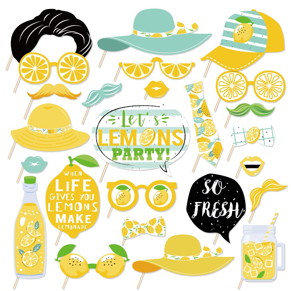 25pcs Lemon Photo Shoot Props With Sticks Party Selfie Photo Props Kit for Kids Birthday Summer Fruits Party Supplies