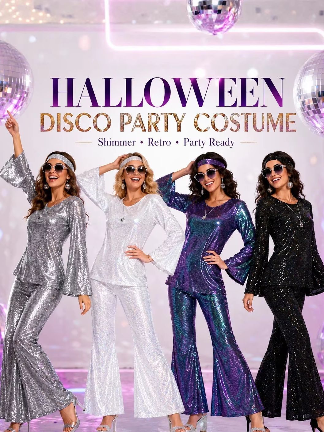 Ladies' Halloween disco party 70s disco costume set, including top, pants, sunglasses, necklace, earrings, and wig, role-playing