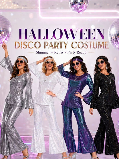 Ladies' Halloween disco party 70s disco costume set, including top, pants, sunglasses, necklace, earrings, and wig, role-playing