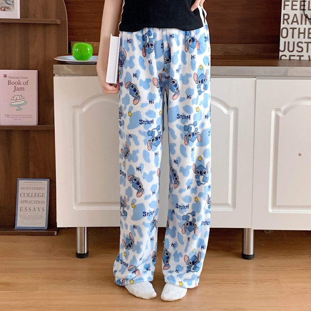 Anime Stitch Plush Pajama Pants Sanrio Kawaii Hello Kitty Cute Women Winter Warm Student Sleeping Pants Loose Casual Home Pants