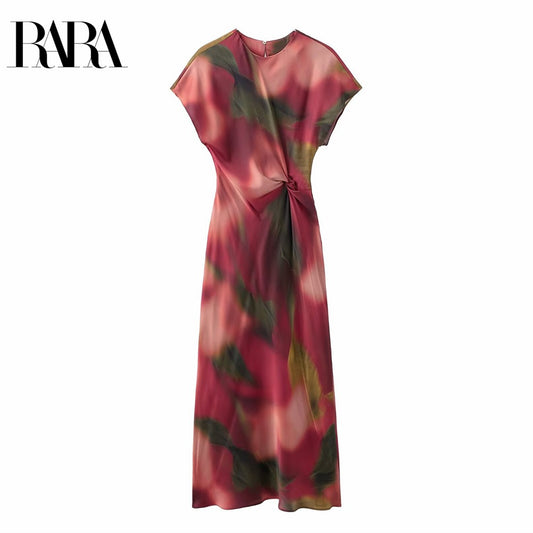2025 RARA Spring New Women's Round Neck Waist Silk Satin Texture Printed Midi Dr