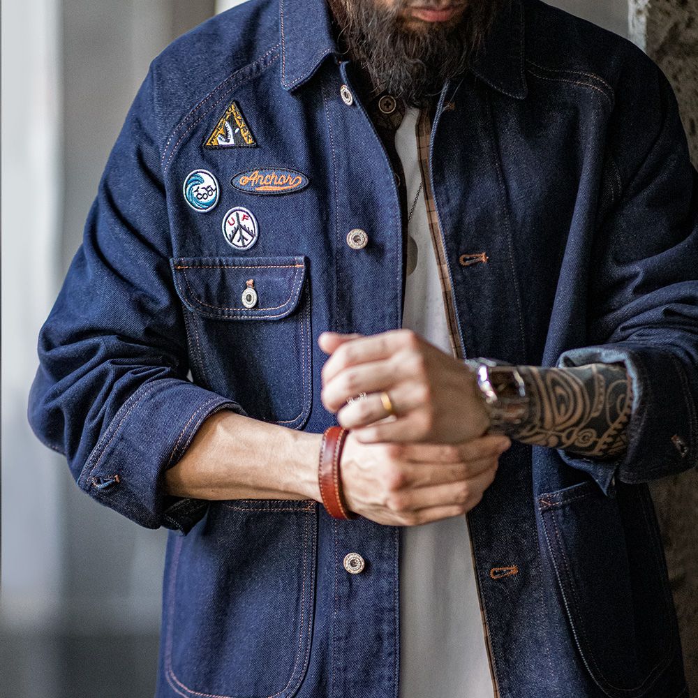 Maden Vintage 12.8oz Heavyweight Denim Jacket Embroidered Badge Washed Lapel Casual Outerwear for Men Spring and Fall Chore Coat