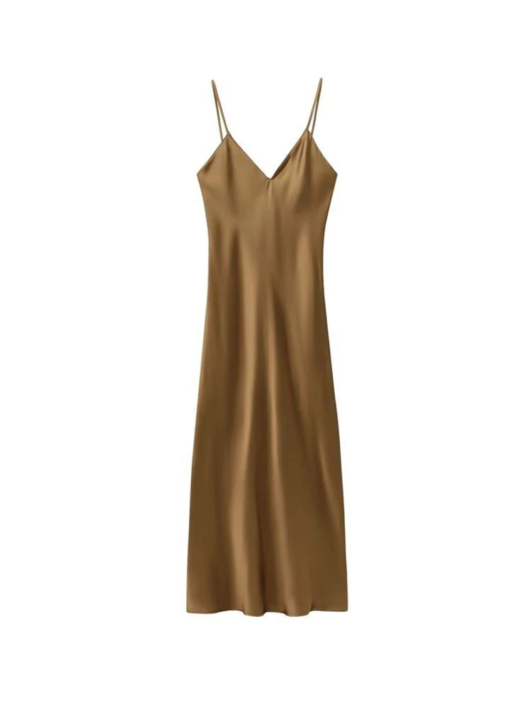 TRZA-Women's Satin Midi Dress, V Neck, Thin Straps, Backless, Female Dresses, Se
