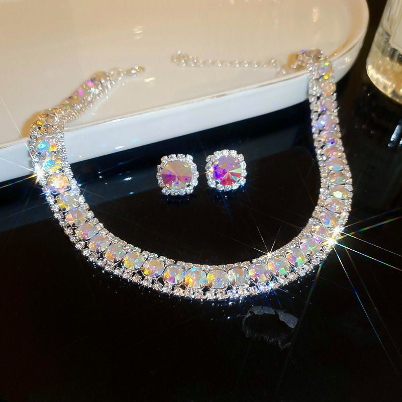 Conjunto de Joias Femininas com Colar de Luxo Verde Strass Brincos de Cristal Gargantilha Colares para Casamentos e Banquetes