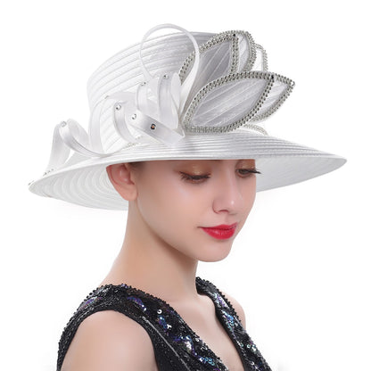 Deluxe New White Church Hat Party Banquet Satin Cloth Photography Hats Premium Chains Formal Hat Flower Top Cap For Women Ladies