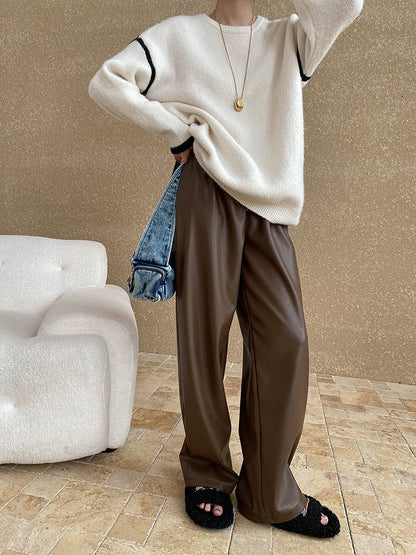 High Elastic Waist Coffee Pu Leather Long Wide Leg Pants New Trousers Women Fashion Tide Spring Autumn