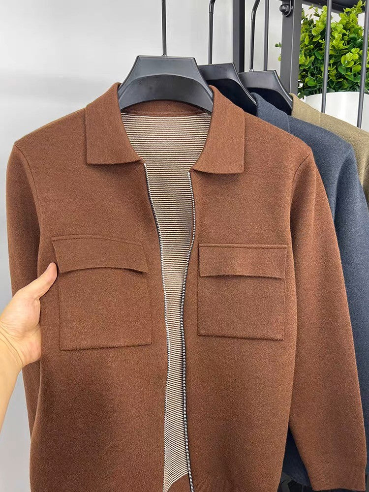 Premium Zipper Collar Wool Cardigan Men's Casual Coat Autumn/Winter Luxury Pocket Design Solid Color Casual Warm Sweater Jacket
