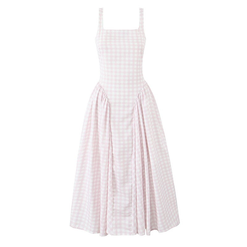 YENKYE Lace Up Bandage Plaid Sling Dress Women Elegant Square Neck Low Waist A-l